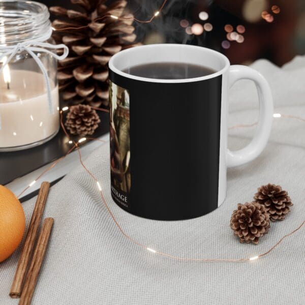 Black coffee mug with art print.