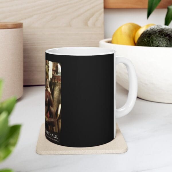 Black mug with image of Carthage, North Africa.