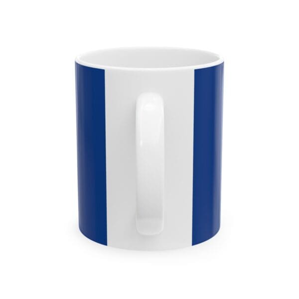 White coffee mug with blue stripes.