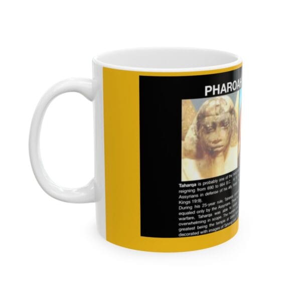 White mug with Pharaoh Taharqa image.