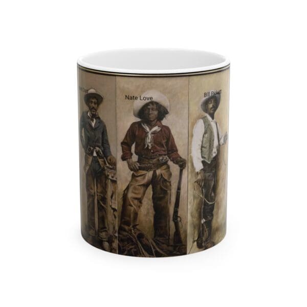 Black cowboys on a coffee mug.