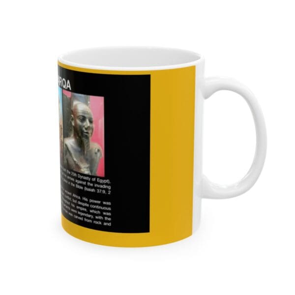 White coffee mug with a black and yellow design.