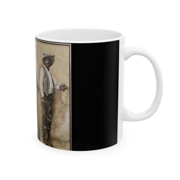 White mug with Bill Pickett cowboy image.