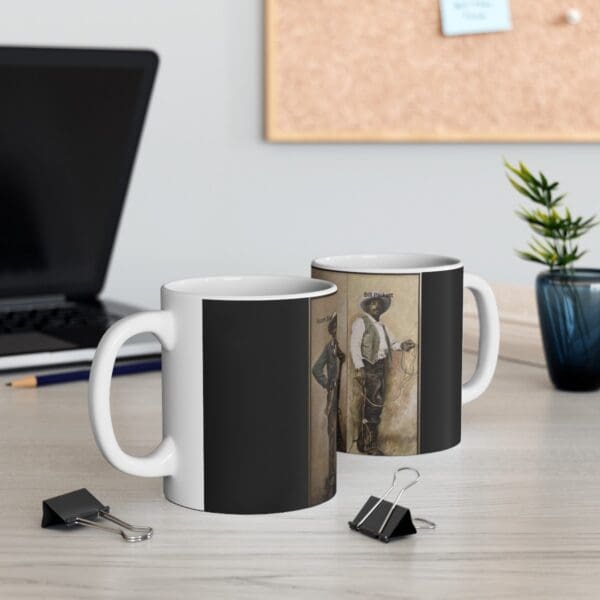 White mug with two cowboys on it.