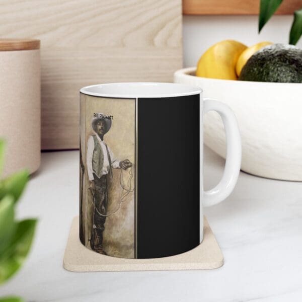 White mug with Bill Pickett image.