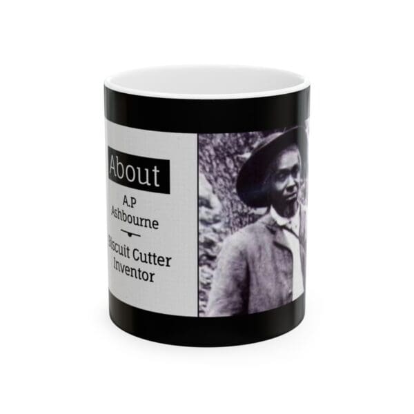 Black mug with a photo of A.P. Ashbourne, biscuit cutter inventor.