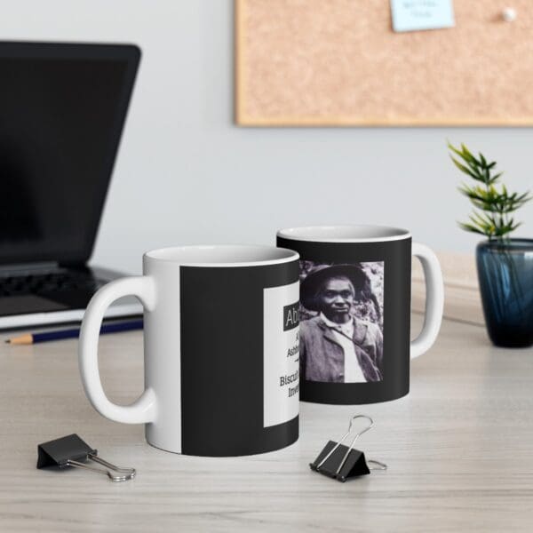 Black and white mug with a portrait.