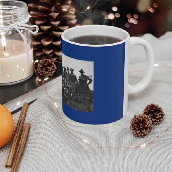 Blue mug with photo of men in uniform.