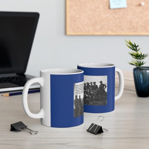 Blue mug with photo of soldiers.