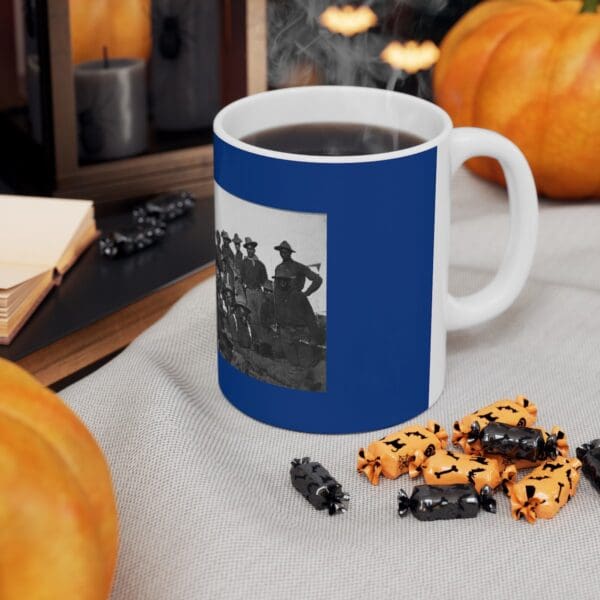 Blue mug with a vintage photo of soldiers.