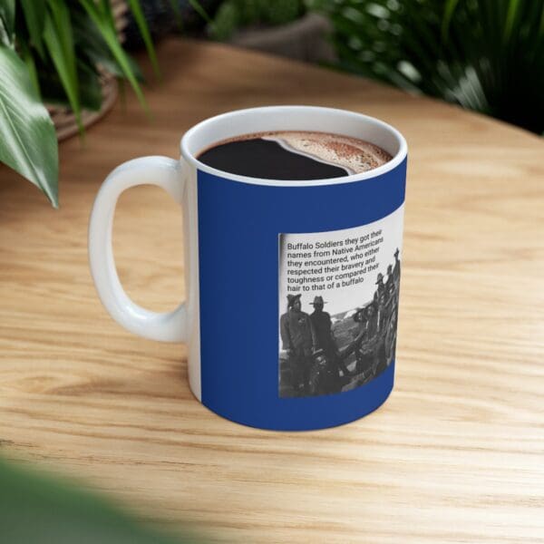 Coffee mug with blue background and soldiers.