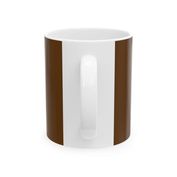 White mug with brown stripes.