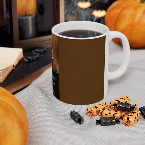 White coffee mug with Halloween design.