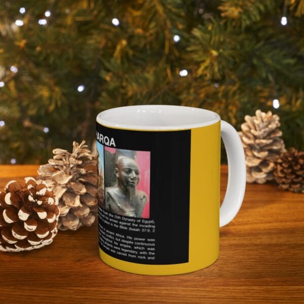 White coffee mug with a picture of an Egyptian pharaoh.