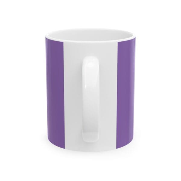 White mug with purple stripes.