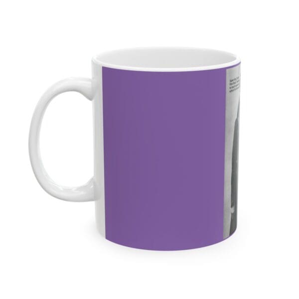 White mug with purple background and image.