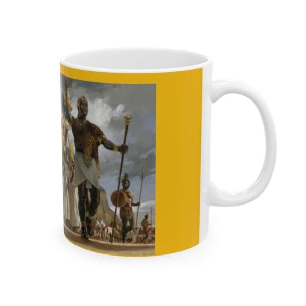 White mug with African king painting.