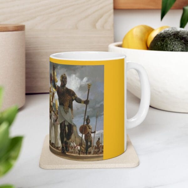 White mug with a picture of a king.