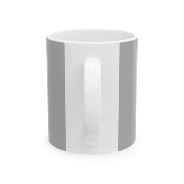 White mug with gray stripes and a handle.