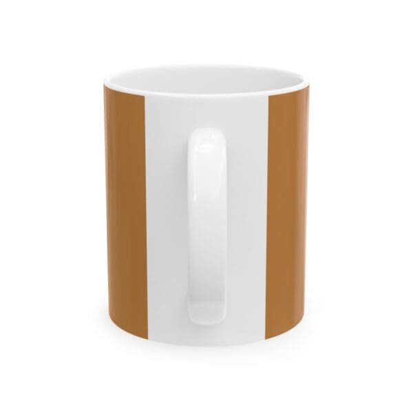 White coffee mug with brown stripes.