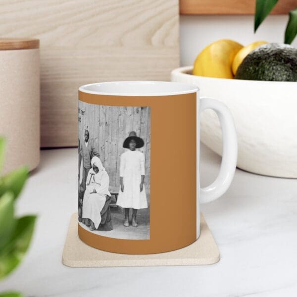 Black and white photo of women on mug.