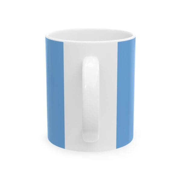 White mug with light blue stripes.