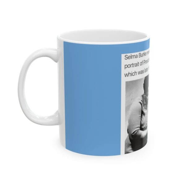 White mug with blue background and image.