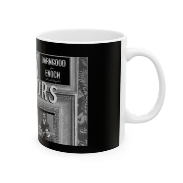 Black and white mug with vintage design.