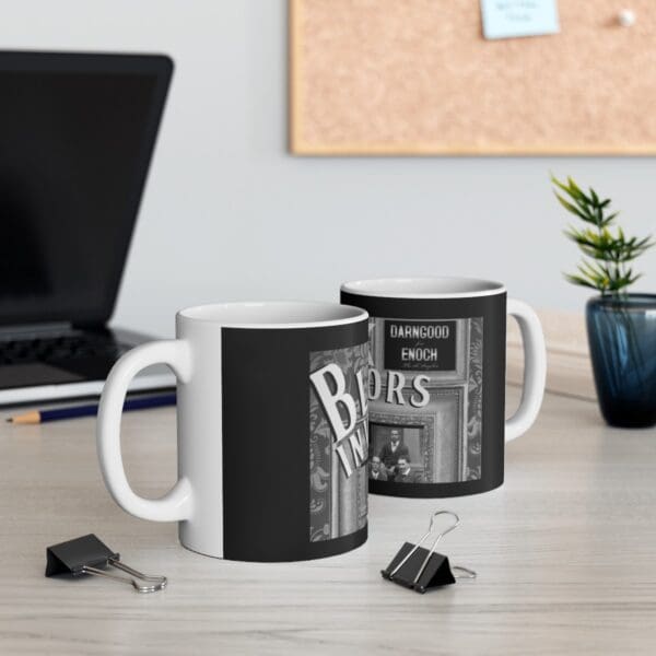 Black and white coffee mug with Borscht image.