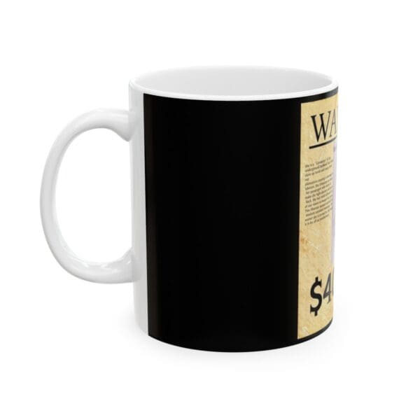 Black mug with a wanted poster design.