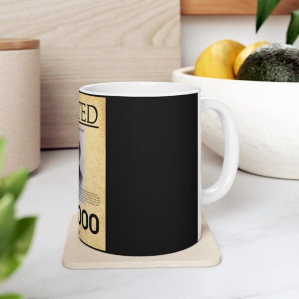 White mug with wanted poster design.