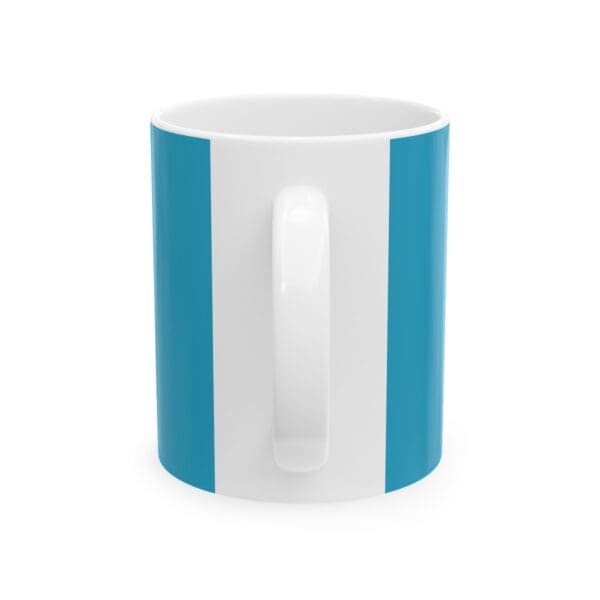 White mug with blue and white stripes.