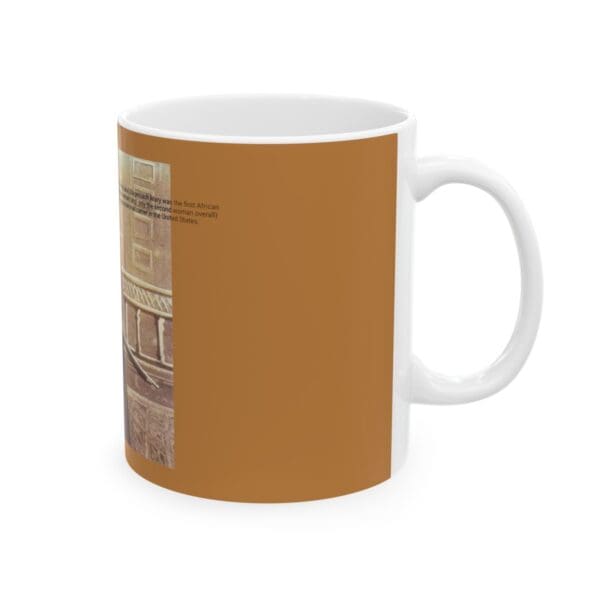 White mug with brown background and image.