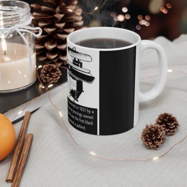 White mug with black ironing board design.