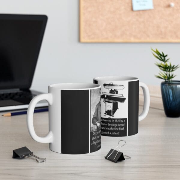 White mug with black and white image of a dry cleaning machine and text.