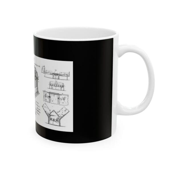 White mug with black design of an old patent drawing.