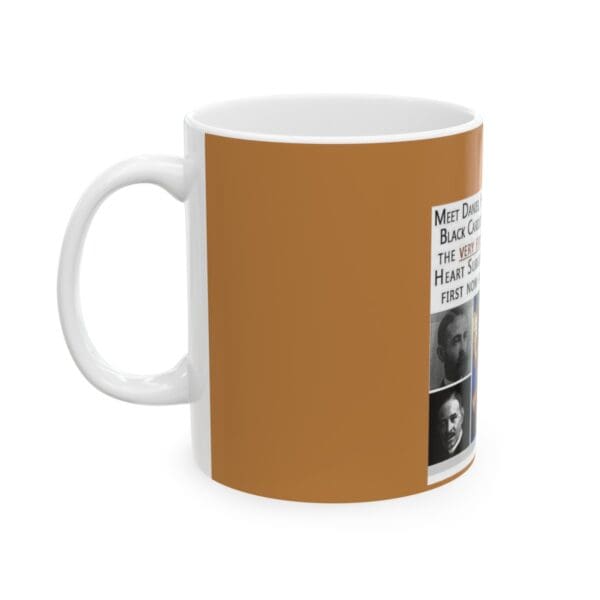 White coffee mug with a brown background.