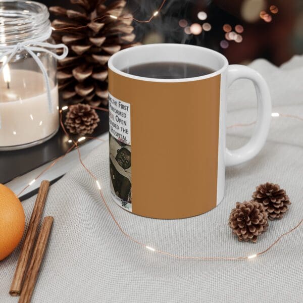 White mug with brown text and a photo.