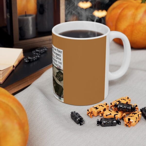 White coffee mug with Halloween candy.