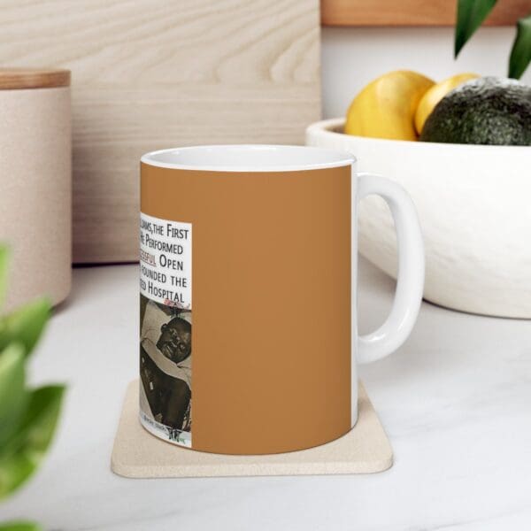 Brown coffee mug with a black doctor image.