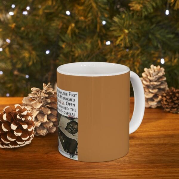 Brown coffee mug with a photo and text.