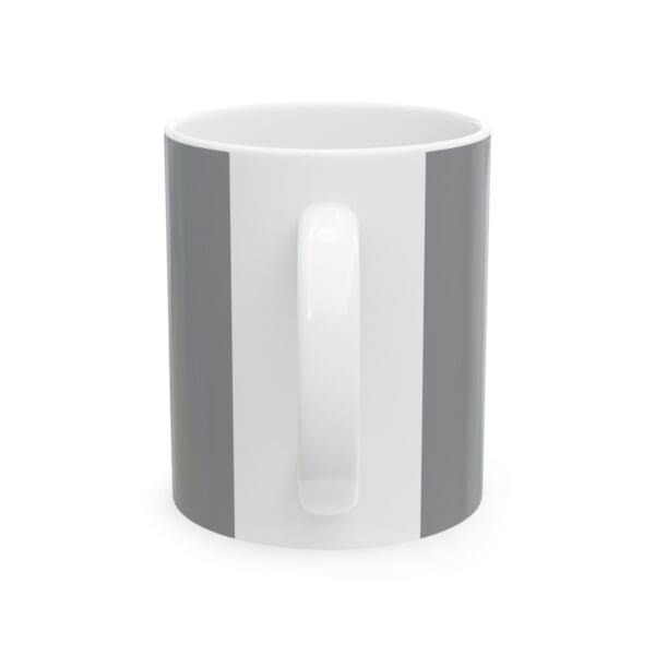 White mug with gray stripes and handle.