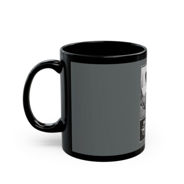 Black coffee mug with a movie poster design.