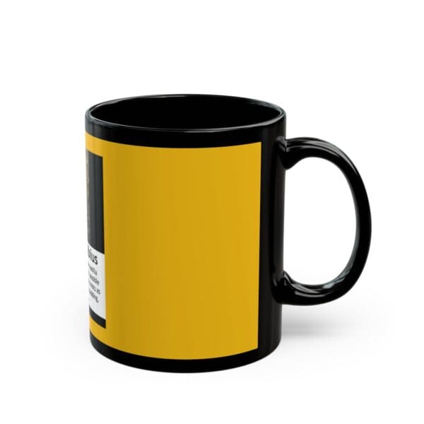 Black mug with a yellow design.