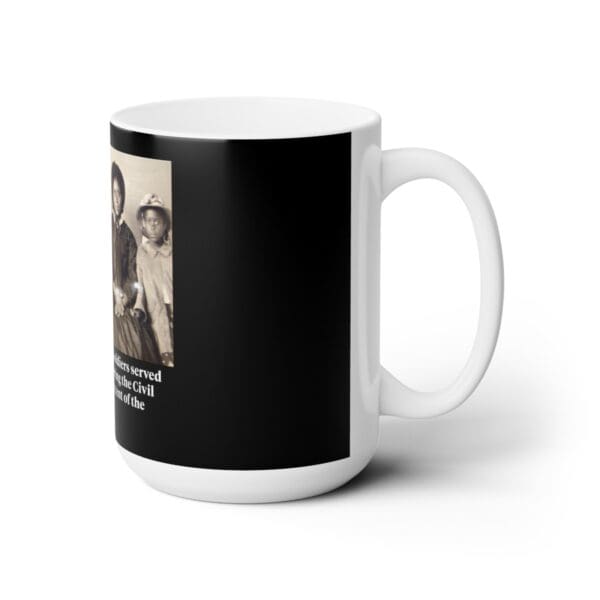 Black mug with photo of three people.