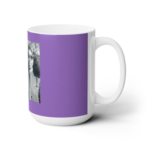 Purple mug with a black and white photo of a woman.