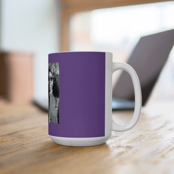 Purple mug with a photo of a woman.