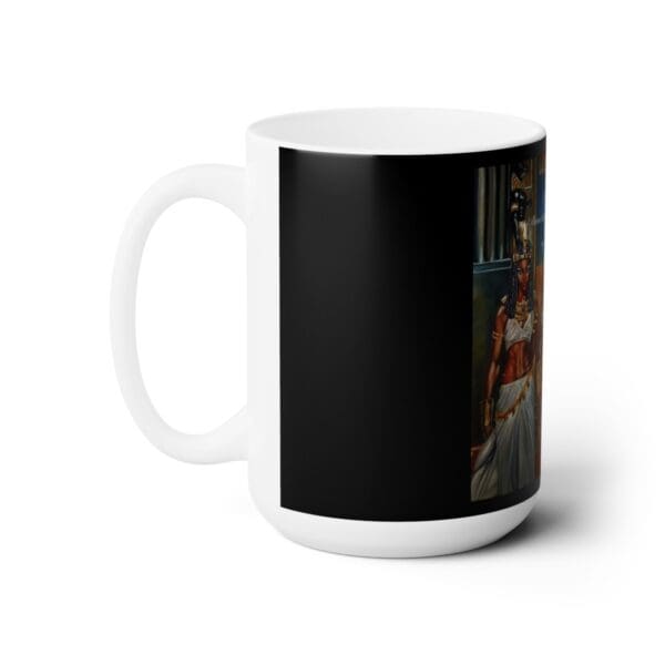 Black coffee mug with an Egyptian queen design.