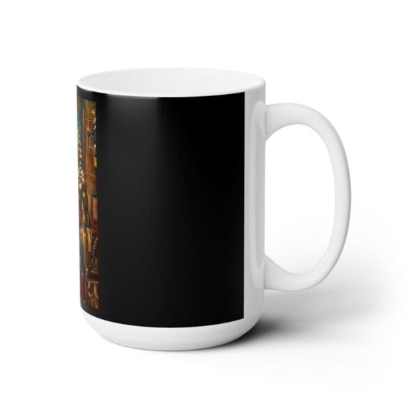 White coffee mug with black design.