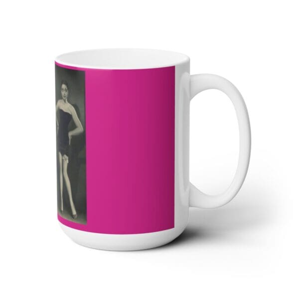 White mug with a vintage pinup girl image.